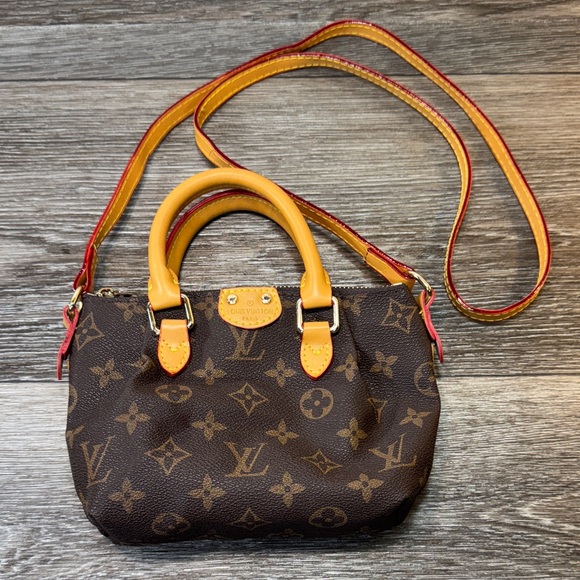 Mini Louis Vuitton Brown Monogram Crossbody Bag with Tan and Red Accents - Picture 1 of 15